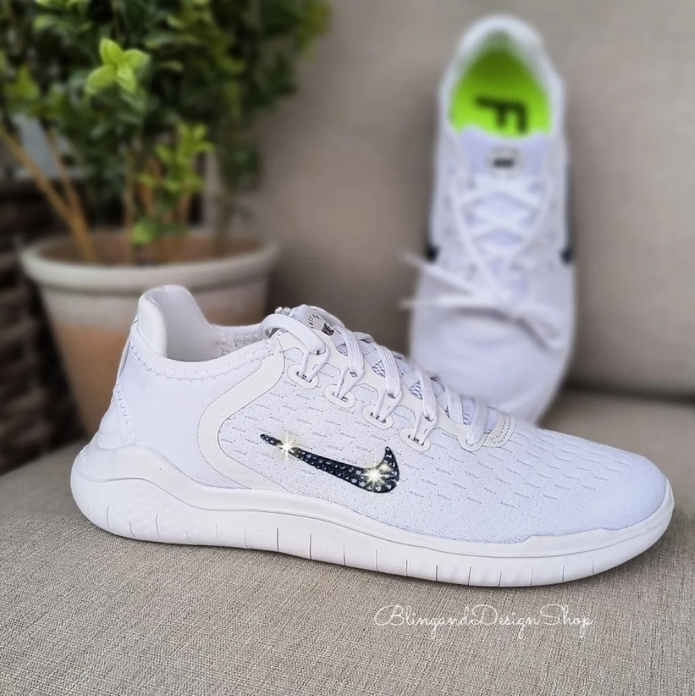 Nike Free RN 2018 White Sneakers Customized with Crystal Rhinestones